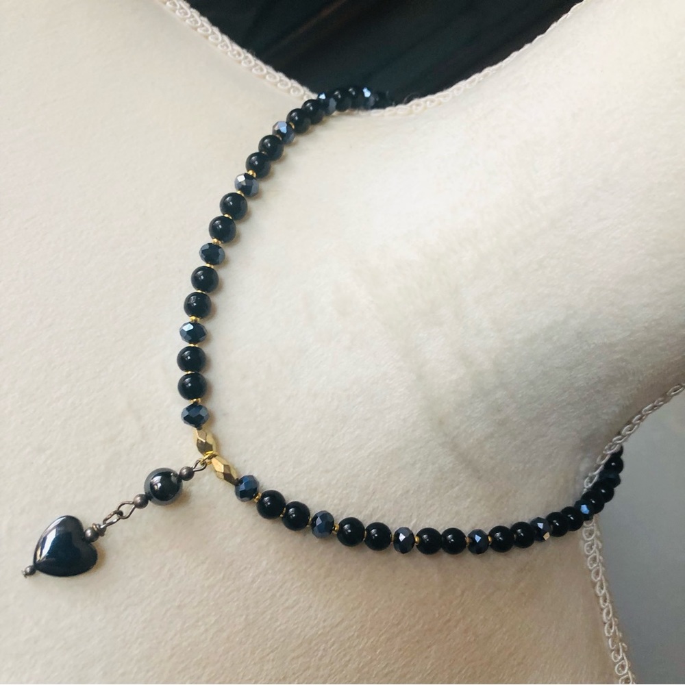 Handcrafted repurpose heart hematite pendant Czech glass Pearl necklace